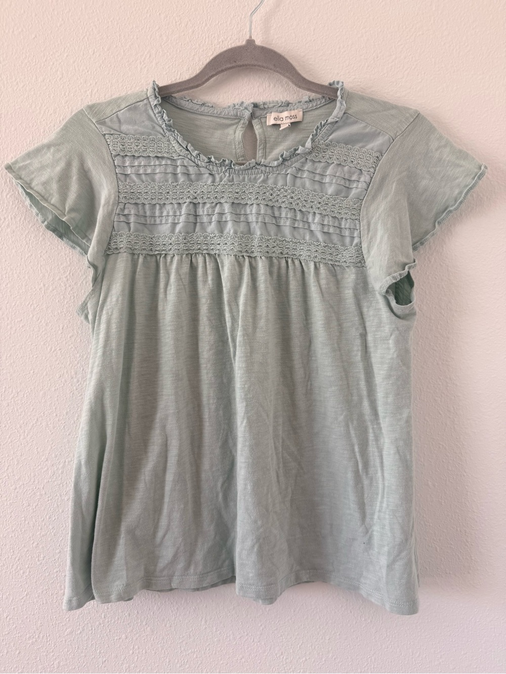Ella Moss Sage Green Crochet Yoke Short Sleeve Tee